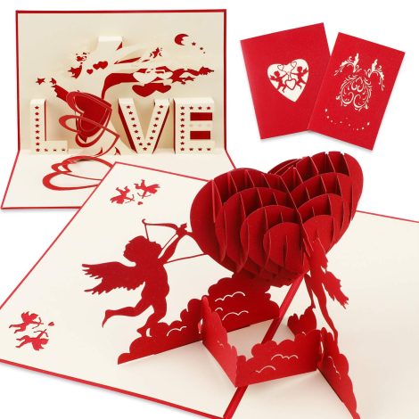 Conjunto de dos tarjetas de felicitación 3D desplegables, en rojo Cupido y amor, para bodas, San Valentín, cumpleaños, aniversarios y Navidad. Incluye sobre.