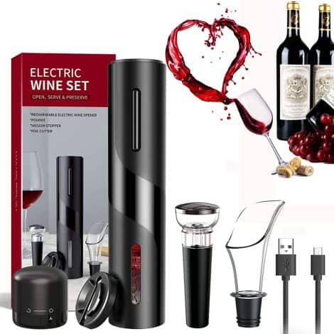 Abrelatas eléctrico multifuncional para vino con cortador de papel, tapones al vacío, tapón bloqueable, aireador y cable USB.