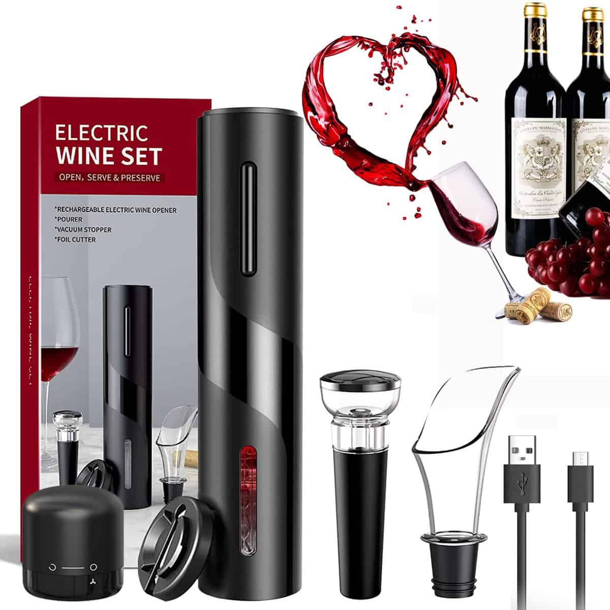 Sacacorchos Eléctrico 6 en 1, abrebotellas electrico Recargable con cortador de papel de aluminio, Tapones de vino al vacío,Lockable Bottle Stopper, Aireador de vino vertedor y cable de carga USB