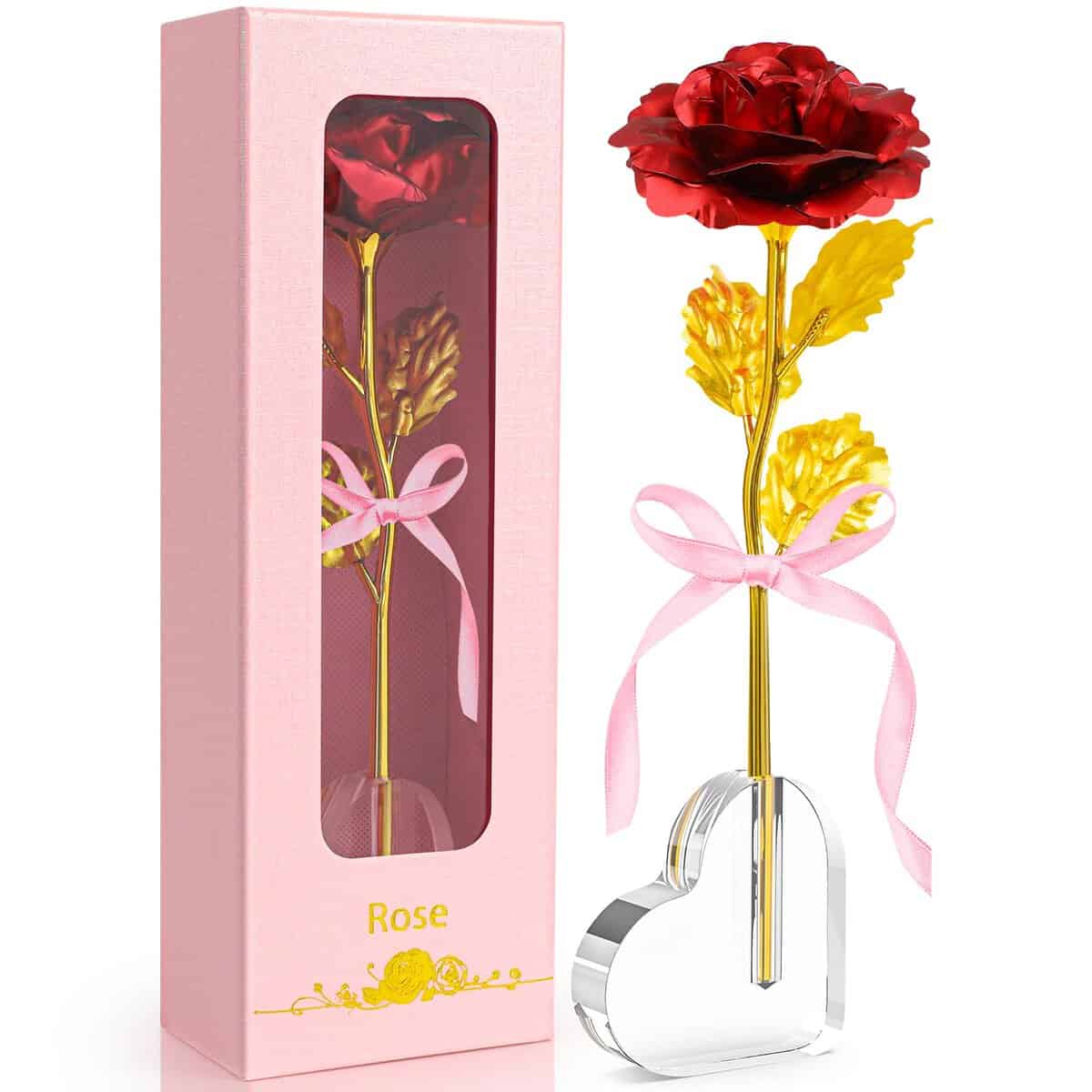 Asddage Regalos Originales para Mujer Madre Novia Mamá Abuela Esposa, Rosa Eterna con Base en Forma de Corazón, Regalo para Cumpleaños Navidad Día de la Madre San Valentín Aniversario (Rojo)