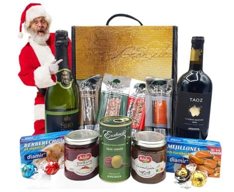 Cesta Gourmet Navideña Ibérica | Ideal para regalar en Navidad, con vino, sidra, embutidos ibéricos y bombones Lindt.