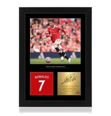 Fotografía firmada por Cristiano Ronaldo y enmarcada – Réplica de firma digital – Regalo para seguidores del Manchester United.