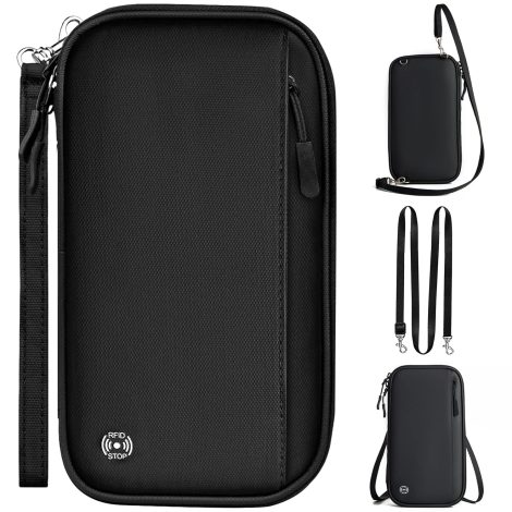 Portadocumentos de Viaje RFID, Porta Pasaporte para toda la familia, Cartera de viaje impermeable, para tarjetas, DNI, llaves y boletos de avión. (Negro)