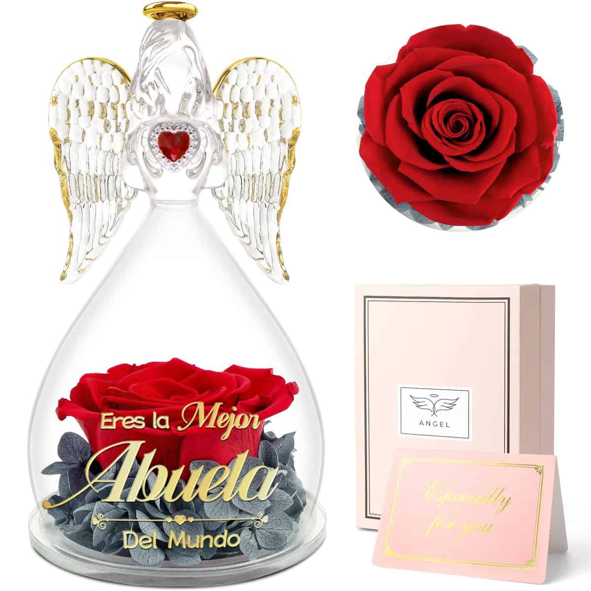 Sunia Regalos Abuela,La Rosa Eterna Ángel Lleva Impreso Eres la Mejor Abuela del Mundo,Flores Eternas con Figura de Ángel,Regalos Abuela Originales,Regalos Abuela Cumpleaños,Regalos Dia de la Abuela