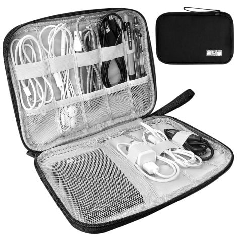 Bolsa multiusos para organizar tus accesorios electrónicos en viajes. Ideal para cables, tarjetas, cargadores (Negra).