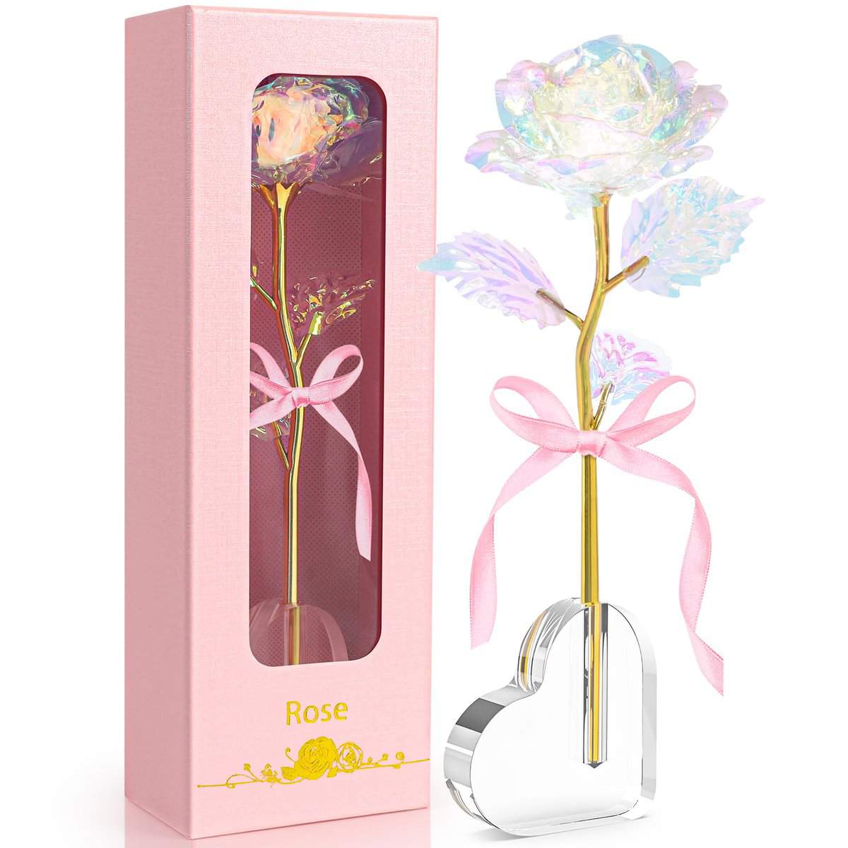 Regalos Originales para Mujer Madre Novia Mamá Abuela Esposa, Rosa Eterna con Base en Forma de Corazón, Regalo para Cumpleaños Navidad Día de la Madre San Valentín Aniversario (Colorido)