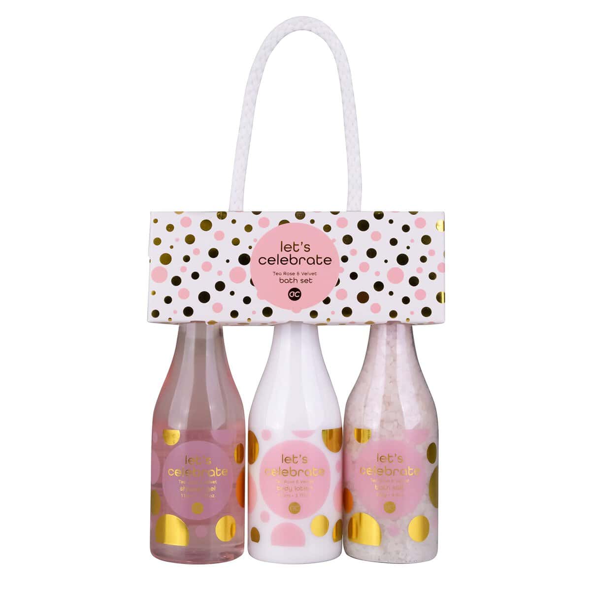 Accentra - Set de ducha de 3 piezas, que incluye gel, loción corporal y sal de baño, bienestar para niñas, Regalo Celebremos a las mujeres en botellas de champán