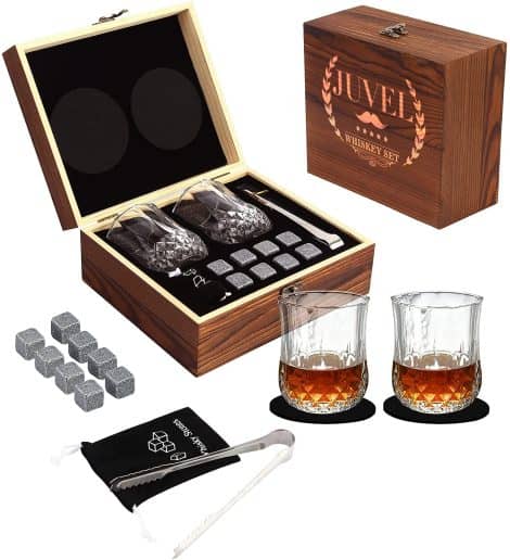 Pack de regalo de whisky para hombres: vasos de whisky, cubitos de hielo reutilizables, posavasos, bolsa de terciopelo. Ideal para papá, esposo y hombres.