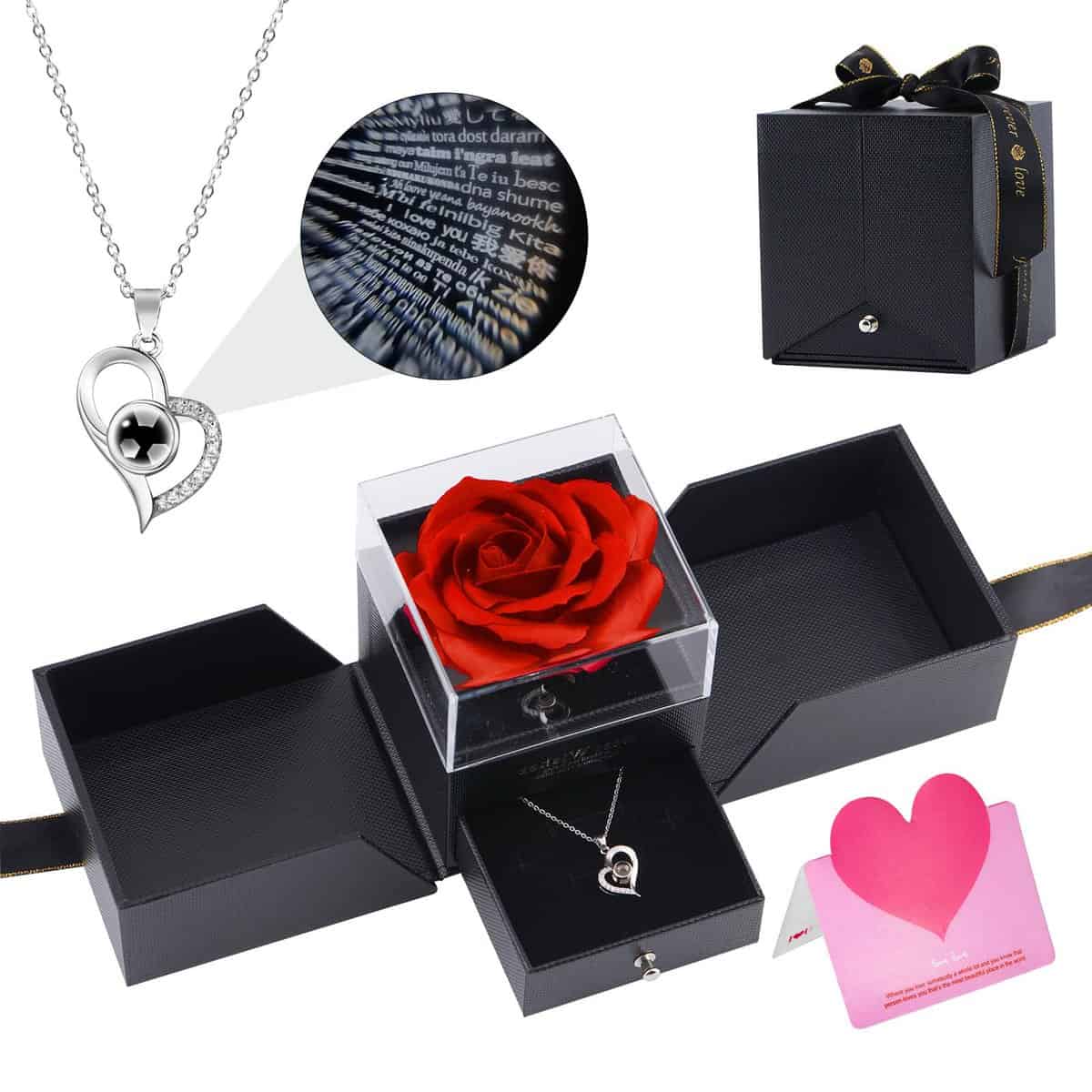 Caja de Rosas de Amor y Collar de Corazón, Regalos Romantico Originales para Mujer Cumpleaños San Valentin Aniversario, Rosa Dia de la Madre