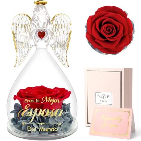 Regalos para Esposa, Rosa Eterna Ángel “Eres la Mejor Esposa”, Flores Eternas con Figura de Ángel.