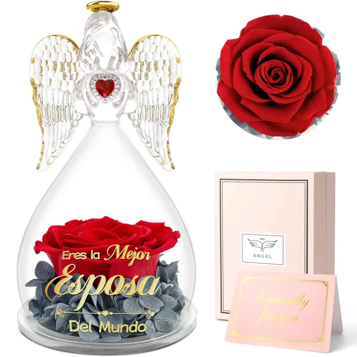 Sunia Regalos para Esposa,La Rosa Eterna Ángel Lleva impresoEres la Mejor Esposa del Mundo,Flores Eternas con Figura de Ángel,Regalos Esposa Originales,Regalos Esposa Cumpleaños San Valentin Navidad