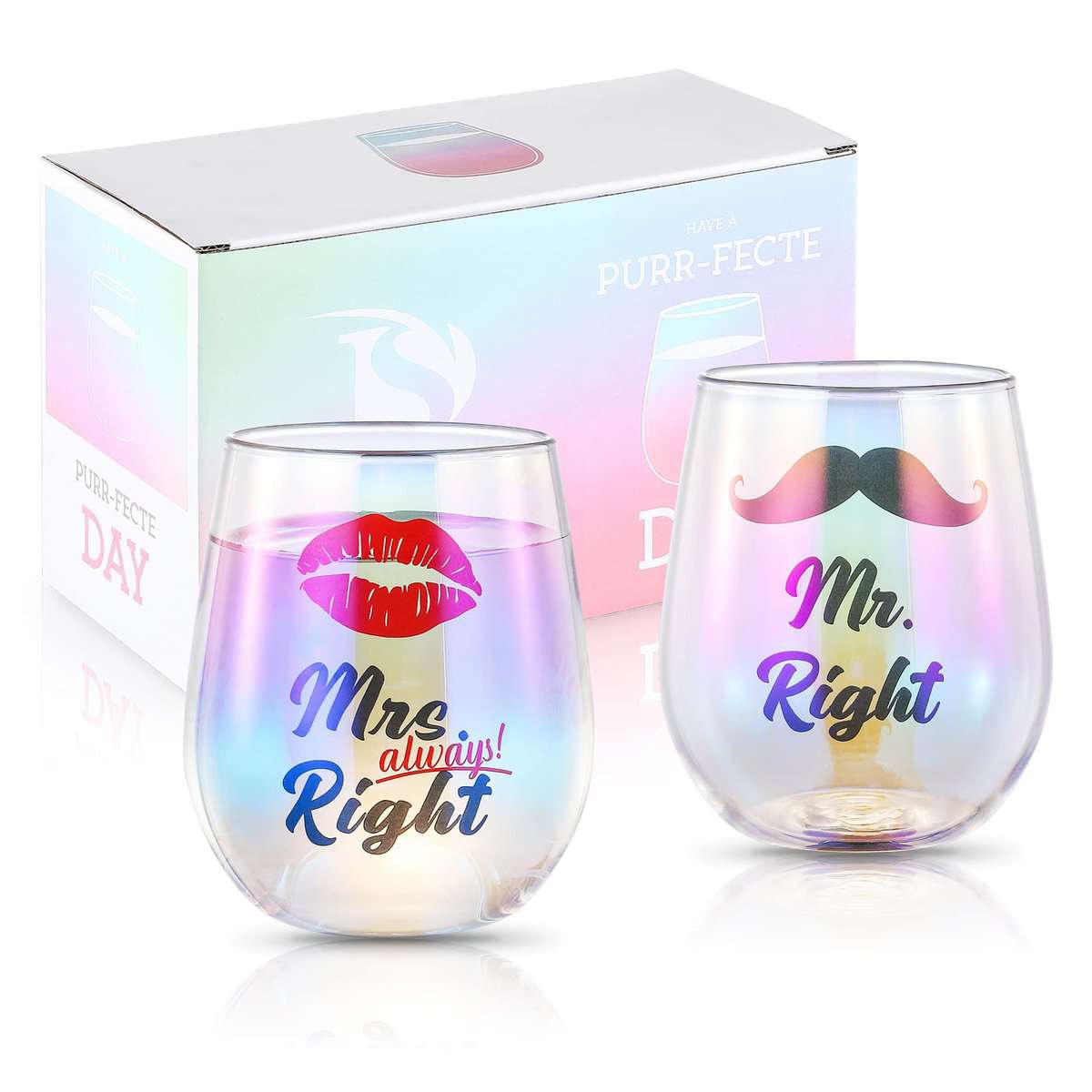 SHENDONG Mr Right Mrs Always Right - Copas de vino para parejas, regalos para pareja, compromiso, boda, regalos Navidad para novia, novio, día de San Valentín, paquete de 2 unidades, 15 onzas