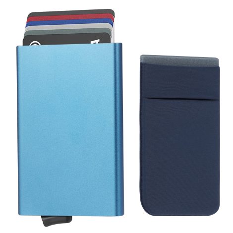 Eucomir Cartera de Bloqueo RFID de Aluminio, Pop up- Minimalista Azul, válida para 4-6 tarjetas. Ideal para regalos.