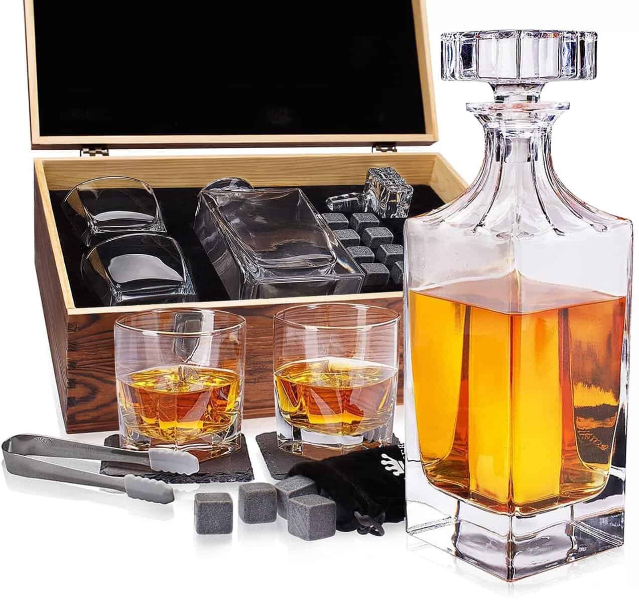 Set de Whisky Regalo para Hombre  Vasos Whisky Cristal, Decantador Whisky, Piedras Whisky, Posavasos, Pinzas, Caja Madera, Bolsa de Terciopelo  para Padre, Marido, Amigo, de Royal Reserve