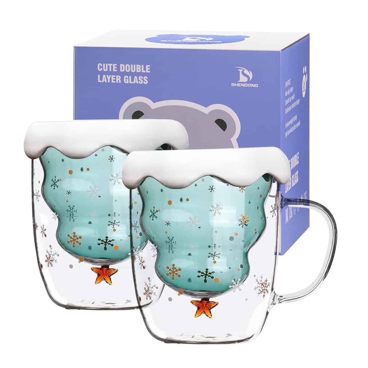 SHENDONG Tazas de café del árbol de navidad Tazas lindas con tapa Taza de té Taza de leche Vidrios con aislamiento de doble pared Taza de expreso Los mejores para (Traje de taza de café navideño 2)