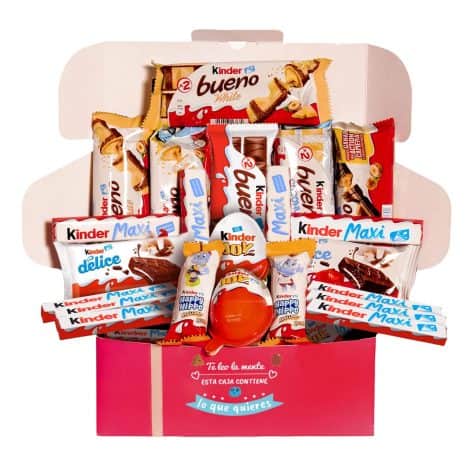 Surtido festivo de deliciosos chocolates Kinder: Bueno, Blanco, Happy Hippo, Maxi, Delice, Joy o Sorpresa en una caja resistente.