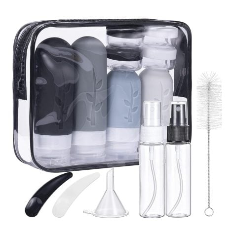 Pack de 16 botellas de viaje de silicona Mezzar, rellenables, ideales para gel, champús, lociones y líquidos. Sin BPA. (Negro)