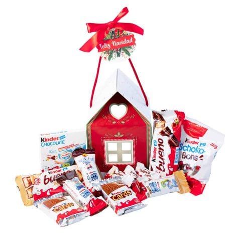 Cesta regalo de dulces Kinder para Navidad con chocolate original. Incluye surtido de Kinder Bueno, Schokobons, Happy Hippo, Kinder Chocolate y Cards.