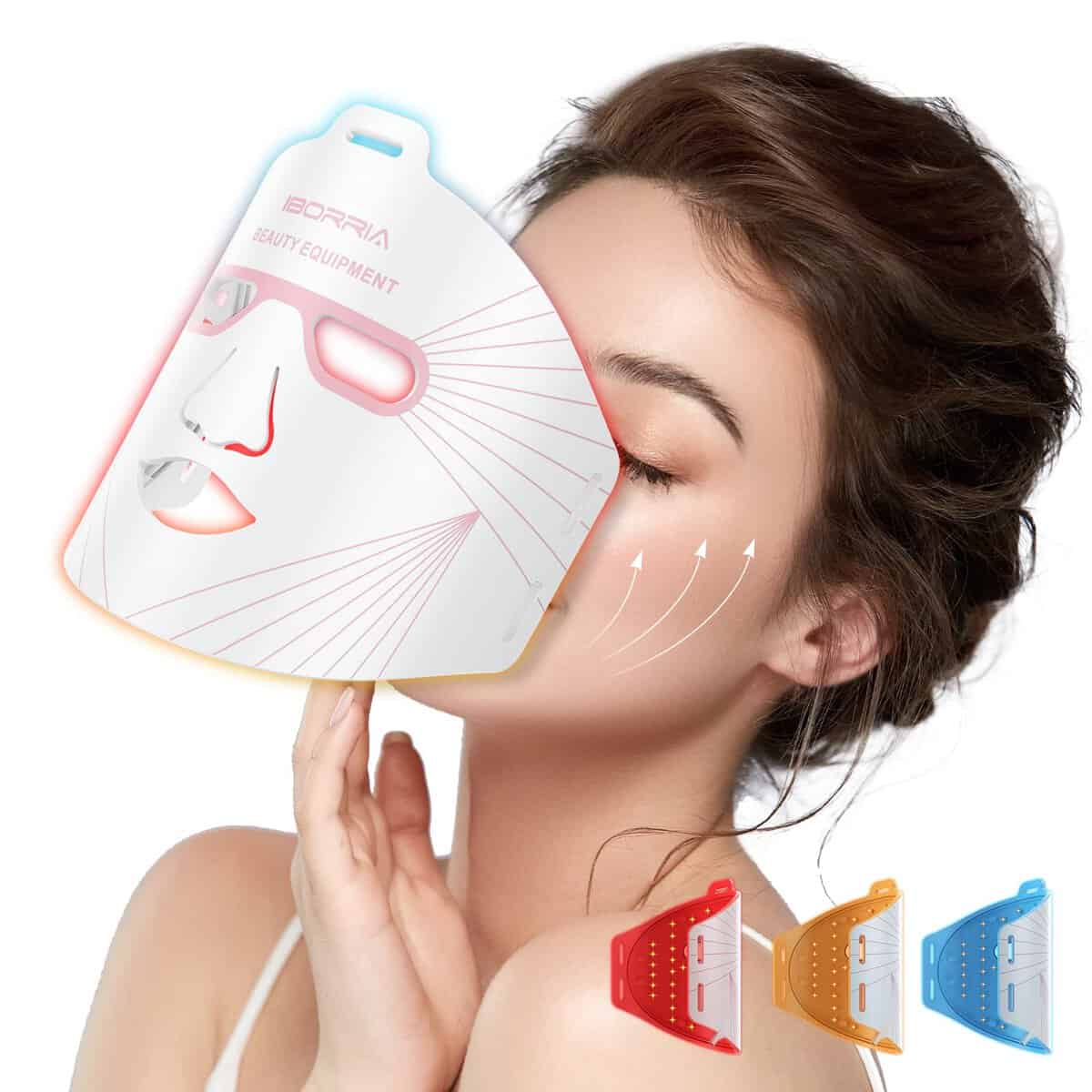 IBORRIA Máscara Facial LED con Terapia de Luz Roja para La Cara y La Piel, Mascarilla LED de 3 Colores con Luz Infrarroja Cercana, Dispositivo de Cuidado para Todo Tipo de Piel, en Casa (Blanco)