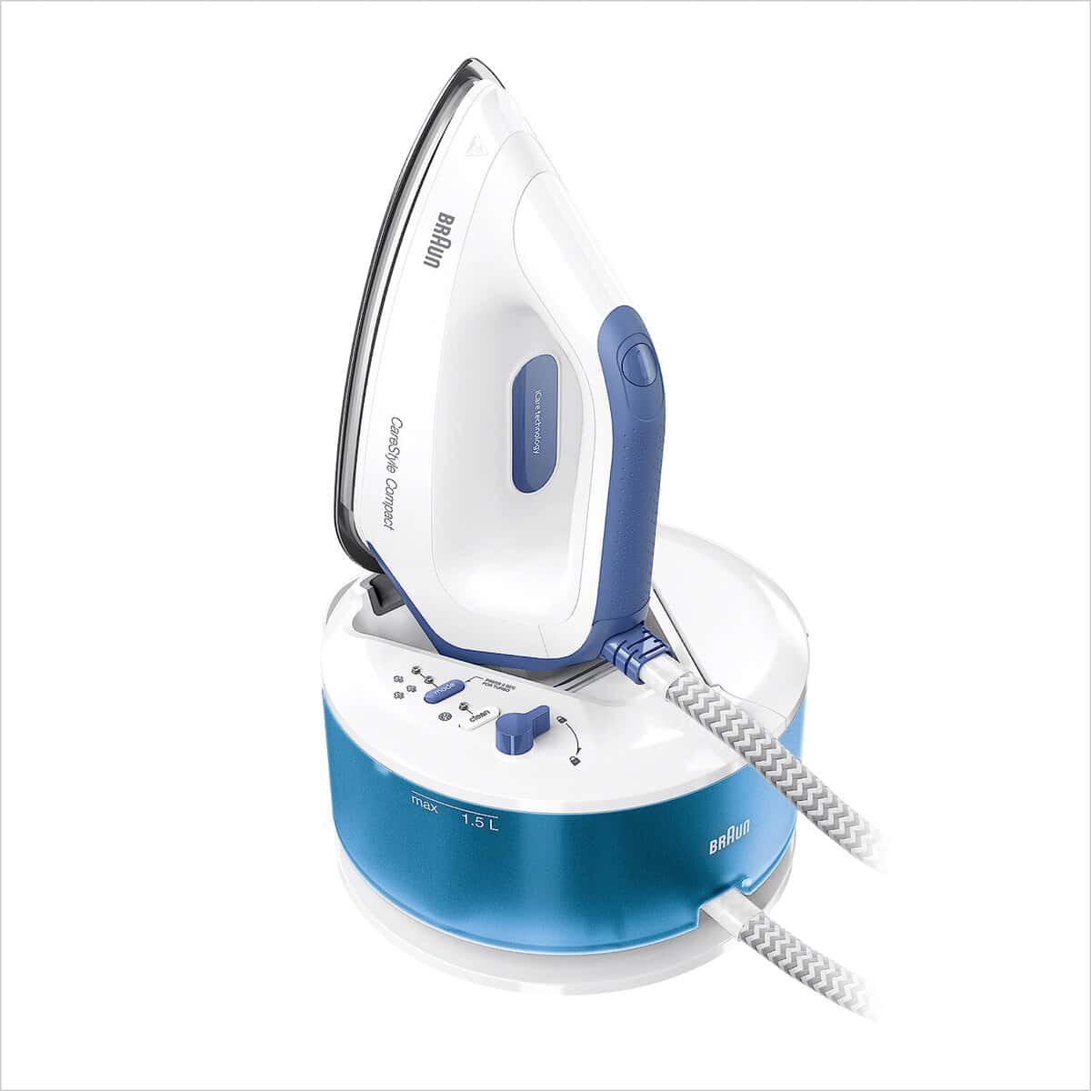 Braun CareStyle Compact Steam Generator, Plancha de Vapor con Suela FreeGlide 3D, Presión de 5,5 bar, Gran Depósito de Agua de 1,5 l, Función Eco, IS2143BL, Blanco Azul