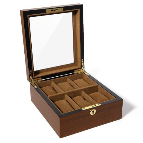 Caja de Relojes Uten con 6 Compartimentos grandes y Almohada Extraíble, Cerradura de Metal, Madera, Ideal para Regalar.