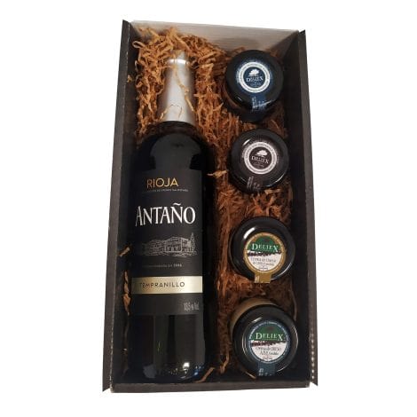 Cesta Gourmet Deliex con Vino Rioja Antaño de 37,5 cl, 2 patés de Lomo Ibérico 30 g y Paté al Pedro Ximénez 30 g, 2 Cremas de Queso Deliex caja pequeña. 
“Pack Gourmet Deliex: Vino Rioja Antaño, 2 patés de Lomo Ibérico y Paté al Pedro Ximénez, 2 Cremas de Queso”