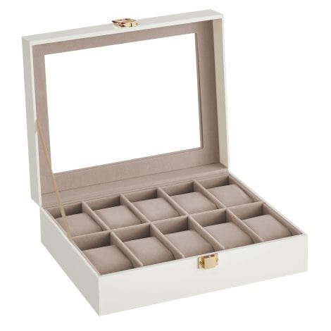 Caja de relojes SONGMICS con 10 compartimentos, tapa de cristal, cojín extraíble y cierre metálico. Regalo ideal. Cuero sintético blanco y forro beige.