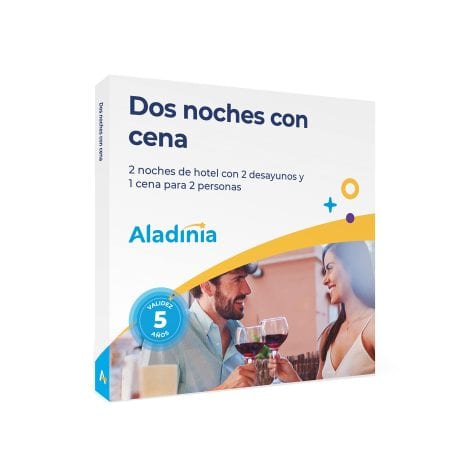 ALADINIA: Dos noches con cena. Pack de escapadas únicas para regalar. Caja de regalo de 2 noches con cena gourmet. Válido 5 años, cambios gratis e ilimitados.