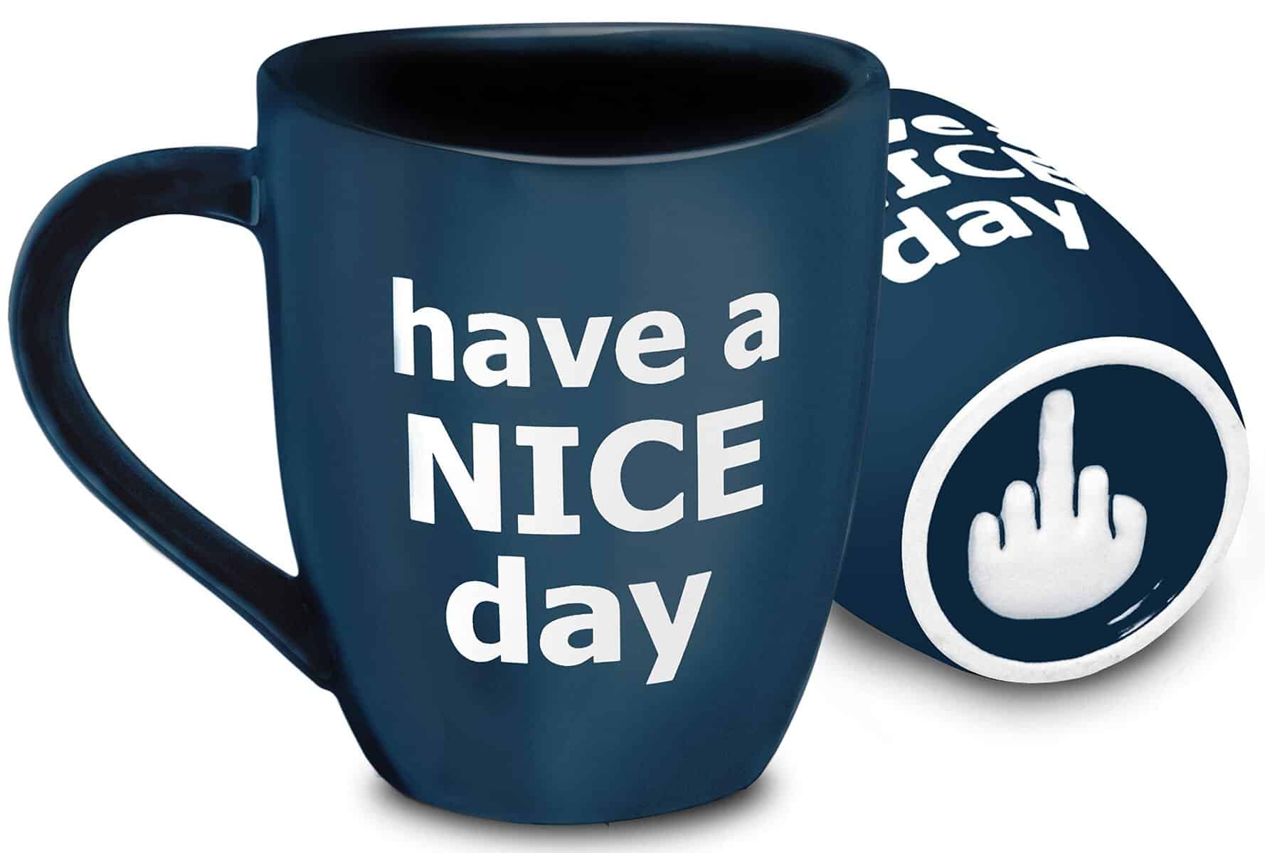 Decodyne - Taza de café con una mano haciendo una peineta en la parte inferior, con el texto en inglés «Have a nice day», de 414 ml