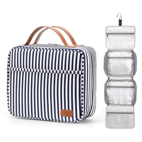 Neceser de Viaje Colgante, Bolsa Impermeable para Aseo con 4 Compartimentos y Gancho Resistente (Azul Marino/Blanco Rayas).