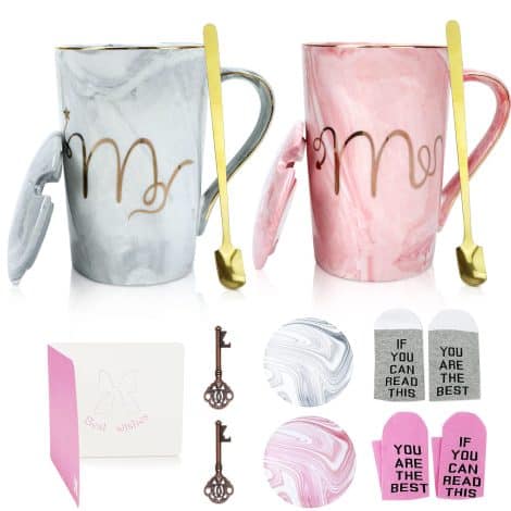 Juego de 2 Tazas de café de Cerámica Mr and Mrs de 14oz para regalos de boda, aniversario y San Valentín.