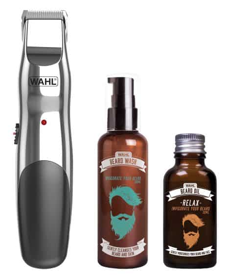 Set de aseo para barba Wahl: recortadora, aceite, lavado y champú facial. Ideal como regalo para hombres.