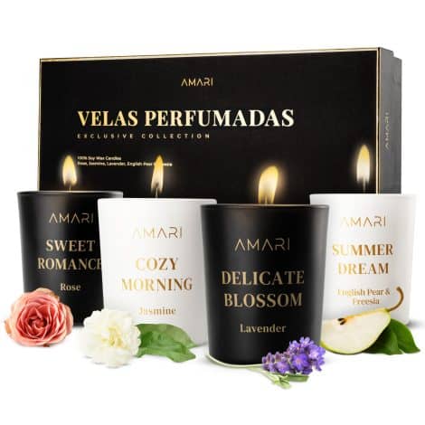 Conjunto AMARI ® de velas aromáticas – Pack de 4 velas aromáticas como regalo para mujer – juego de velas perfumadas de regalo – kit de velas perfumadas.