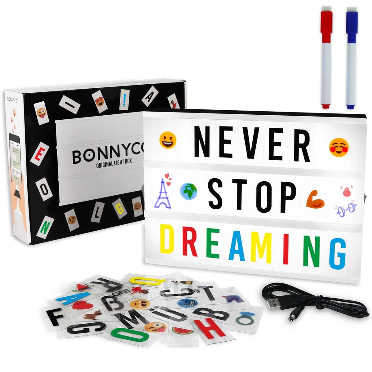 BONNYCO Caja de Luz LED A4 con 400 Letras, Divertidos Emojis y 2 Rotuladores | Ñ y Ç Incluidas | Light Box Ideal para Decoración Vintage en Hogar, Habitación | Regalo Original Navidad y Cumpleaños