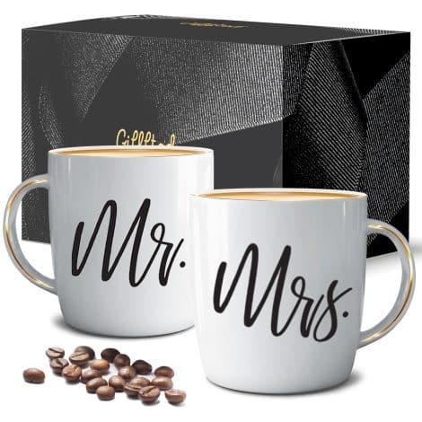 Juego de 2 tazas de aniversario Gifffted para parejas, regalo de boda, novios y novias, Navidad, cerámica blanca, 380 ml.