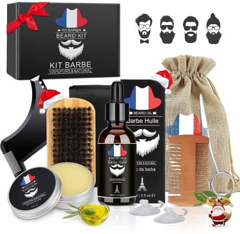 Kit Completo para el Cuidado de la Barba Aifanciey, con Aceite, Bálsamo, Cepillo, Peine, Tijeras y Delantal de Afeitar. Ideal como Regalo para Papá, Novio o Caballero.