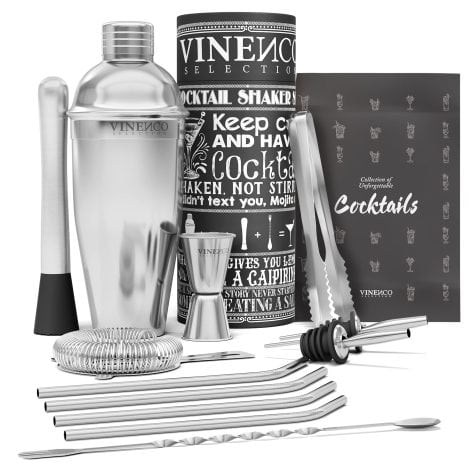 Set profesional de coctelería con coctelera, accesorios y recetas. Perfecto para regalar a hombres y mujeres.