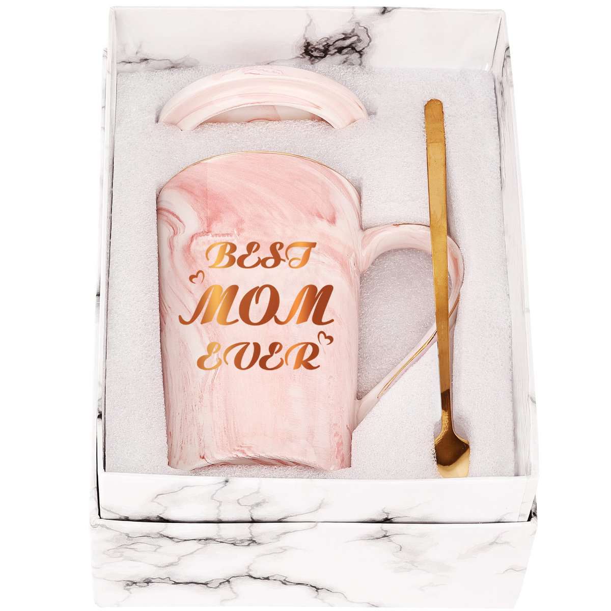 SHENDONG La mejor mamá nunca taza de café Regalos para el Día de la Madre Regalos novedosos para mamá de hija Hijo Regalos para Mamá Madre 400ML Taza de café de cerámica de mármol con Cuchara de tapa