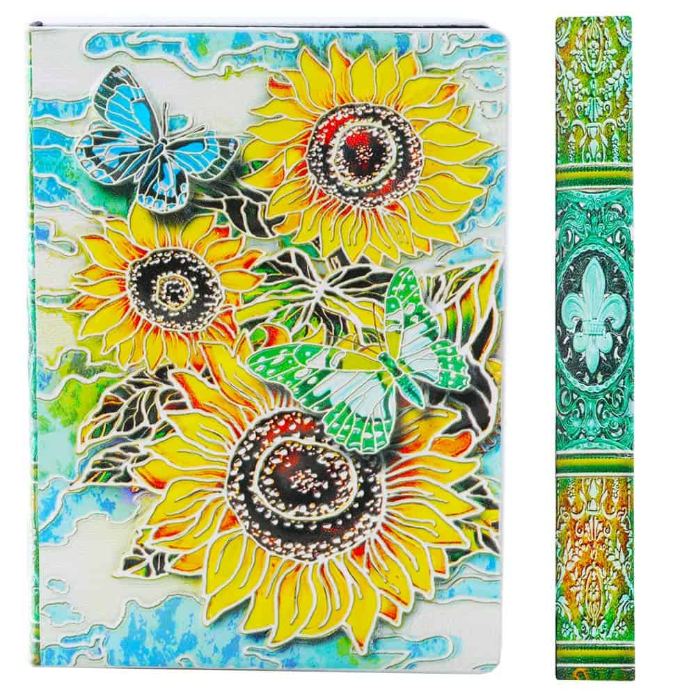 YHH Cuaderno A5 Rayas Tapa Dura, en Relieve, Hecho a mano, 200 Páginas, Libretas Bonitas, Diario de Viaje Cuero, Vintage Journal Notebook, Regalo Aniversario Mujer Hombre Pareja, 3D Girasol Colores