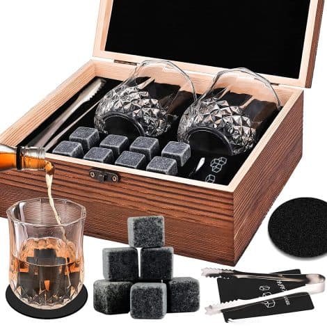 Set de 8 piedras para enfriar whisky, 2 vasos, 2 posavasos, caja de madera, pinza y bolsa de almacenamiento para regalar a Papá, Esposo, Amigos.