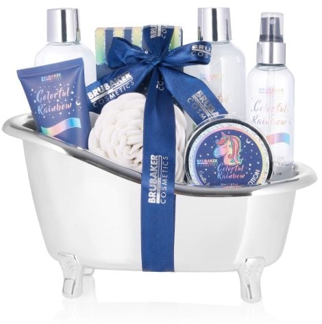 Conjunto de Regalo de Cosméticos BRUBAKER para Mujer: Kit de Belleza de 8 Piezas Unicornio Arcoíris con Fragancia Vainilla y Lavanda en Bañera de Plata – Spa Baño y Ducha.