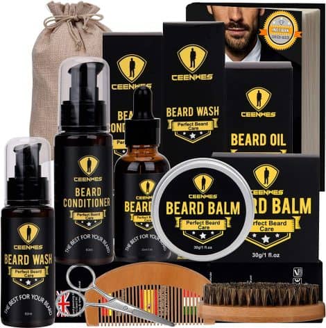 Kit de cuidado de barba para hombre con 10 accesorios, incluye aceite, cepillo, peine y tijeras. Regalo ideal.