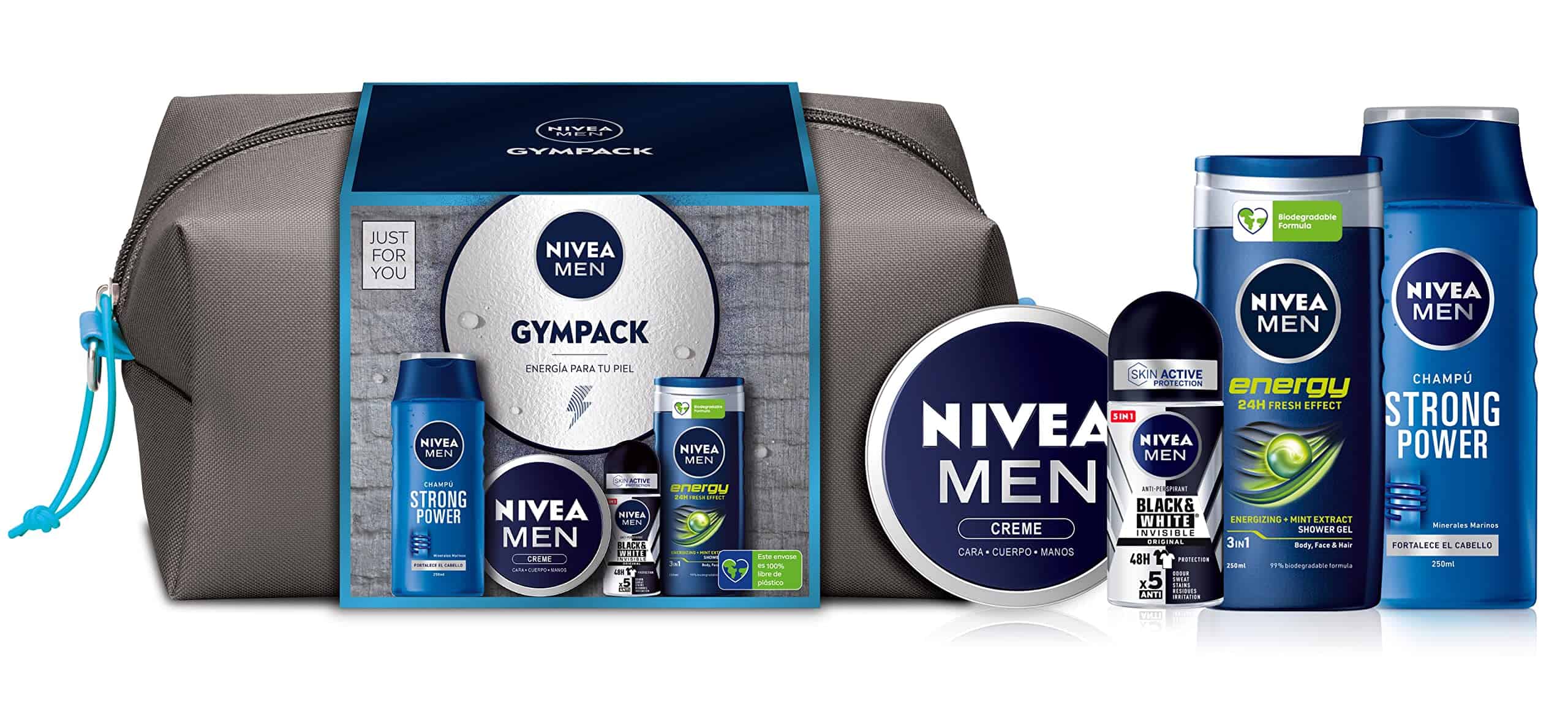 Nivea Men Gympack: neceser de regalo con gel de ducha (250 ml), champú (250 ml), desodorante roll on (50 ml) y Crema (75 ml)