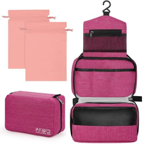 Neceser de viaje para maquillaje grande con bolsa de maquillaje, 2 bolsas con cordón, color rosa.