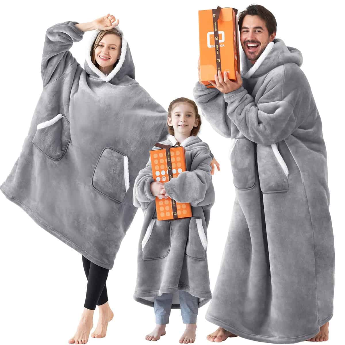 EHEYCIGA Sudadera Manta con Capucha Gigante Mujer Hombre, Batamanta Polar Sherpa Suave con Bolsillo Frontal, Caliente Esponjoso Invierno Hoodie Blanket, 89x 95cm, Gris