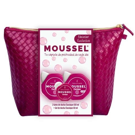 Pack Moussel Classique para mujer con neceser y 2 geles de ducha de 650 ml + 1 de 60 ml.