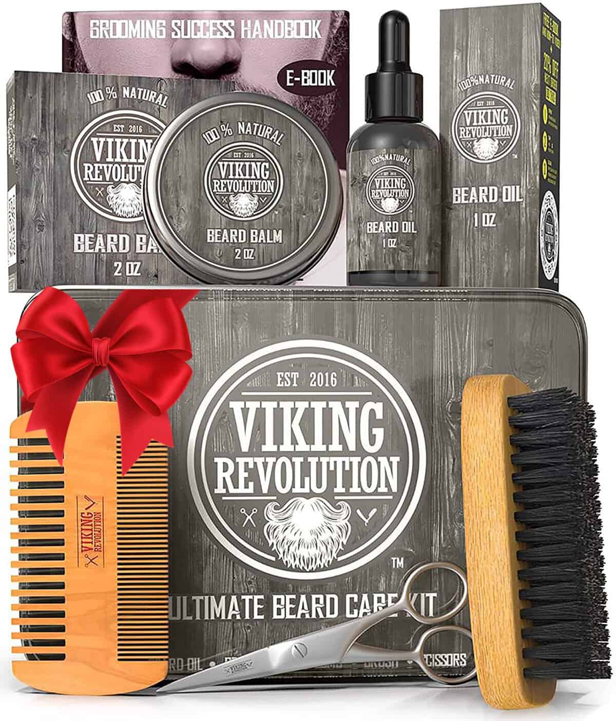 Viking Revolution Última Barba y estética kit incluye   Mena jabalí 100% s Barba cepillo, peine de madera Barba, Barba de melisa, esencia de la barba, Tijeras en un metal caja de regalo