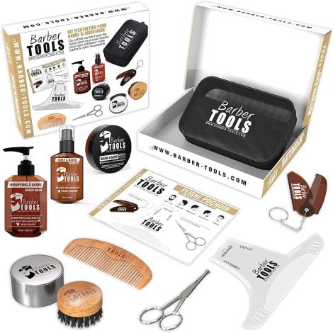 Kit de aseo y cuidado de barba y afeitado de herramientas de barbería.