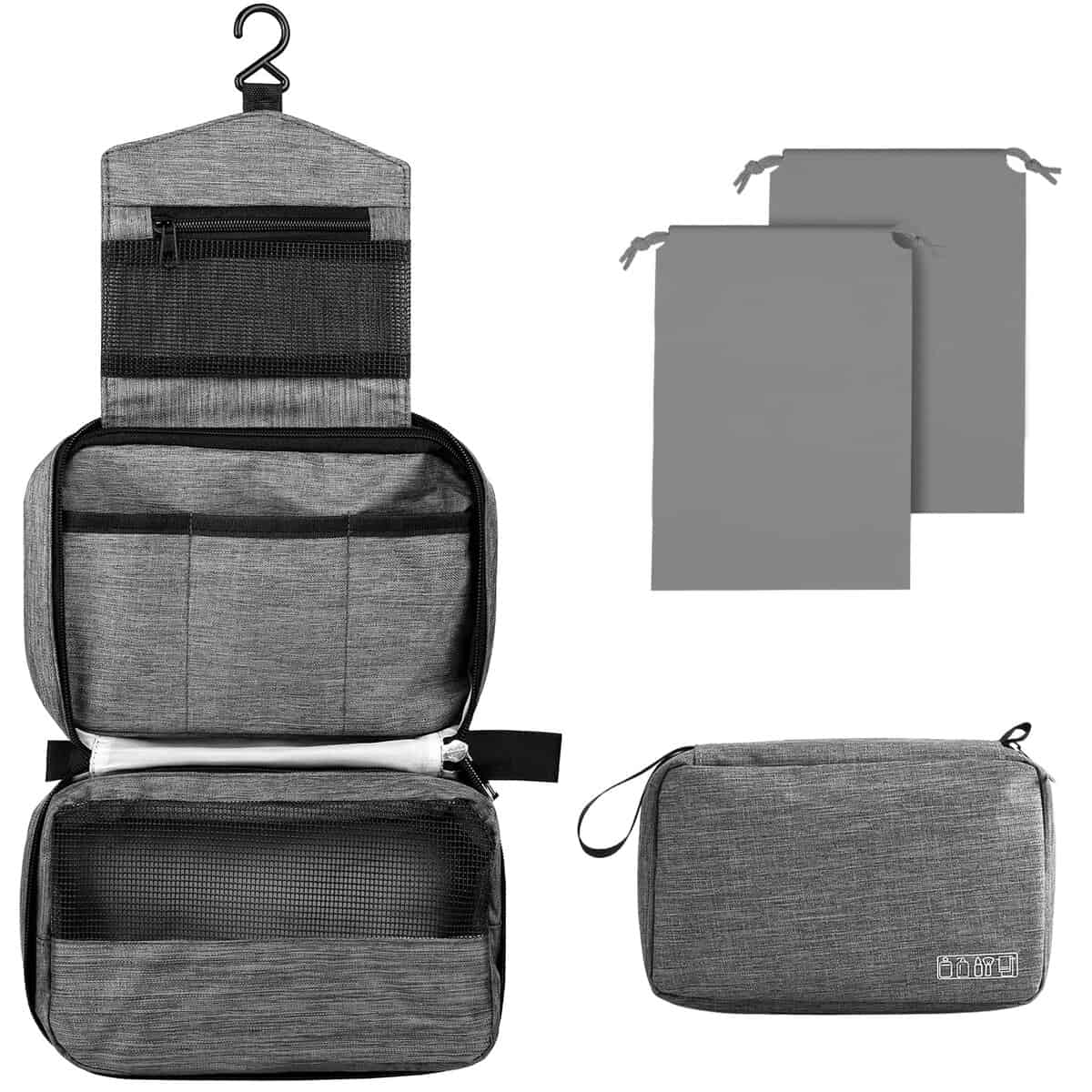 Larkumio Neceser Hombre Mujer, Neceser Maquillaje Bolsa de Aseo Makeup Bag Grande Colgante Impermeable, 1 Neceser Viaje + Bolsa con Cordón, Gris