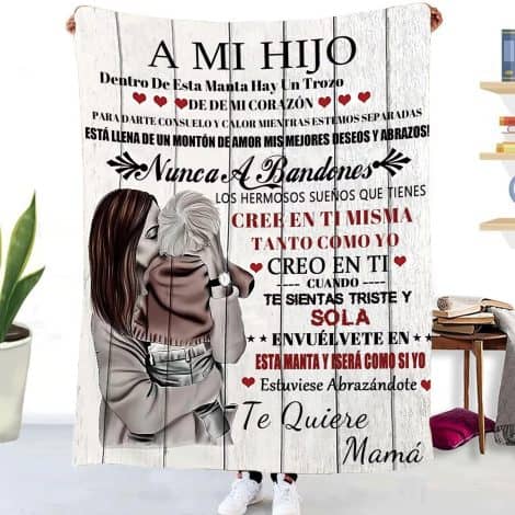 Manta personalizada con mensaje en español para mi hijo, súper suave y perfecta para invierno. Ideal para regalos de cumpleaños, Navidad y Halloween.